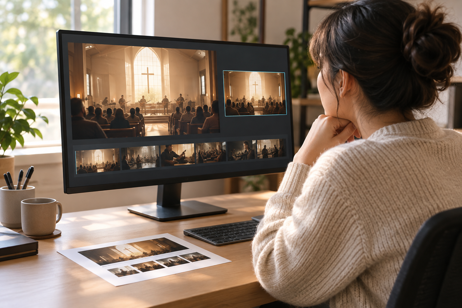 Generated church opener preview with text revision prompt and 4K MP4 export