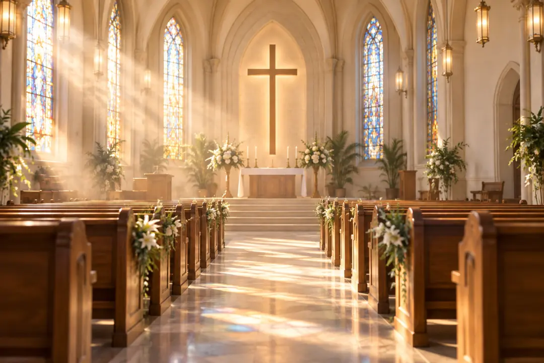 Warm weekly church service opener in a sunlit sanctuary