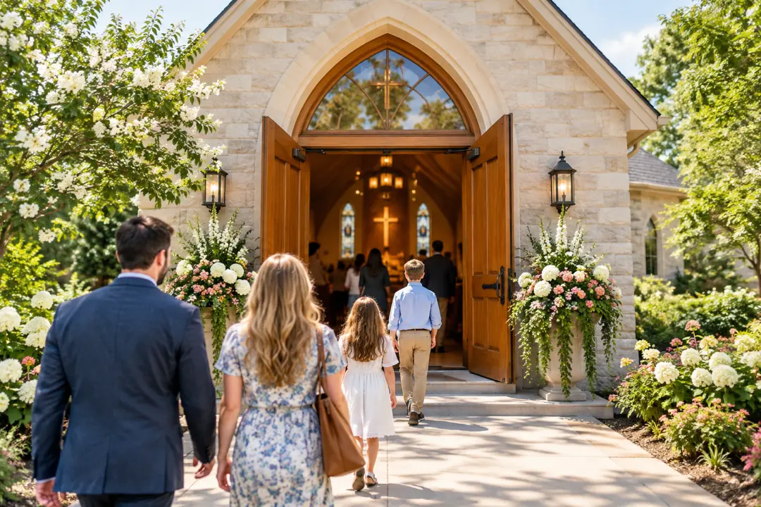 Vertical-friendly church service promo scene with an inviting sanctuary entrance