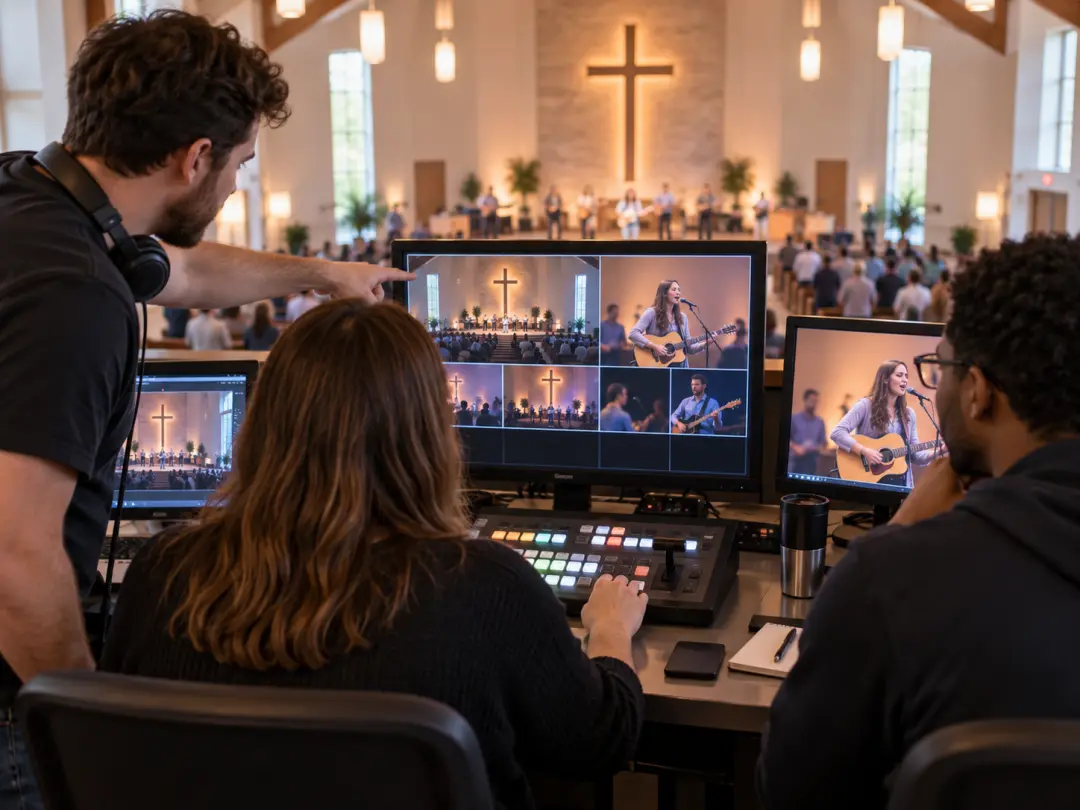 Media desk previewing church intro maker scenes with logo and worship title