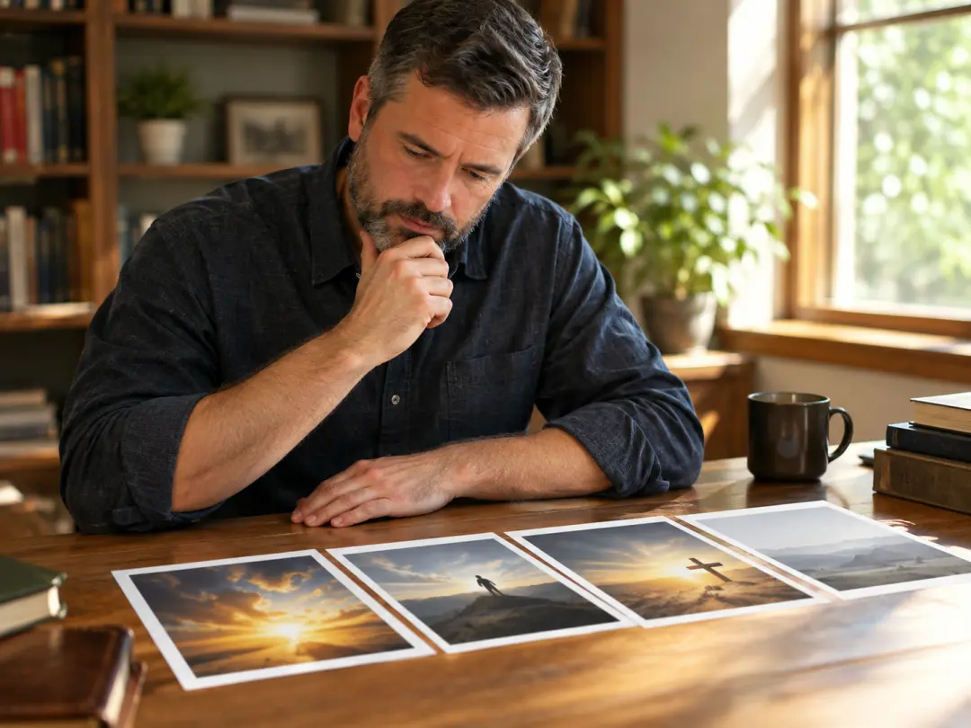Pastor reviewing sermon opener frames with title text and reference image