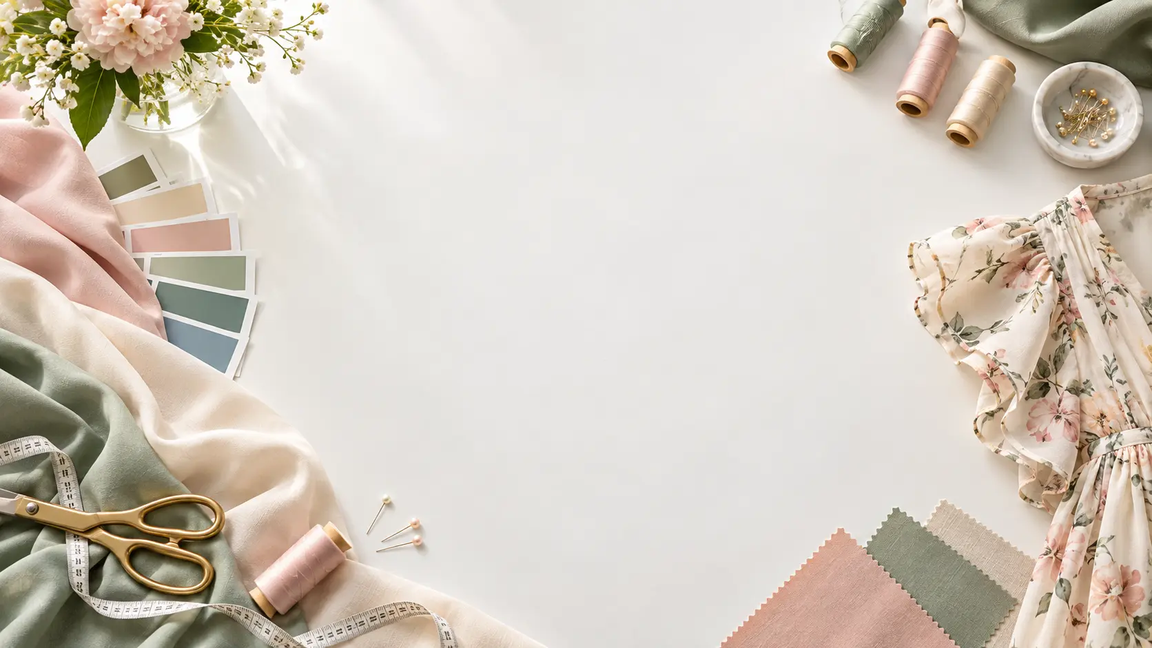 Bright apparel design studio with fabric and garment concepts around open copy space