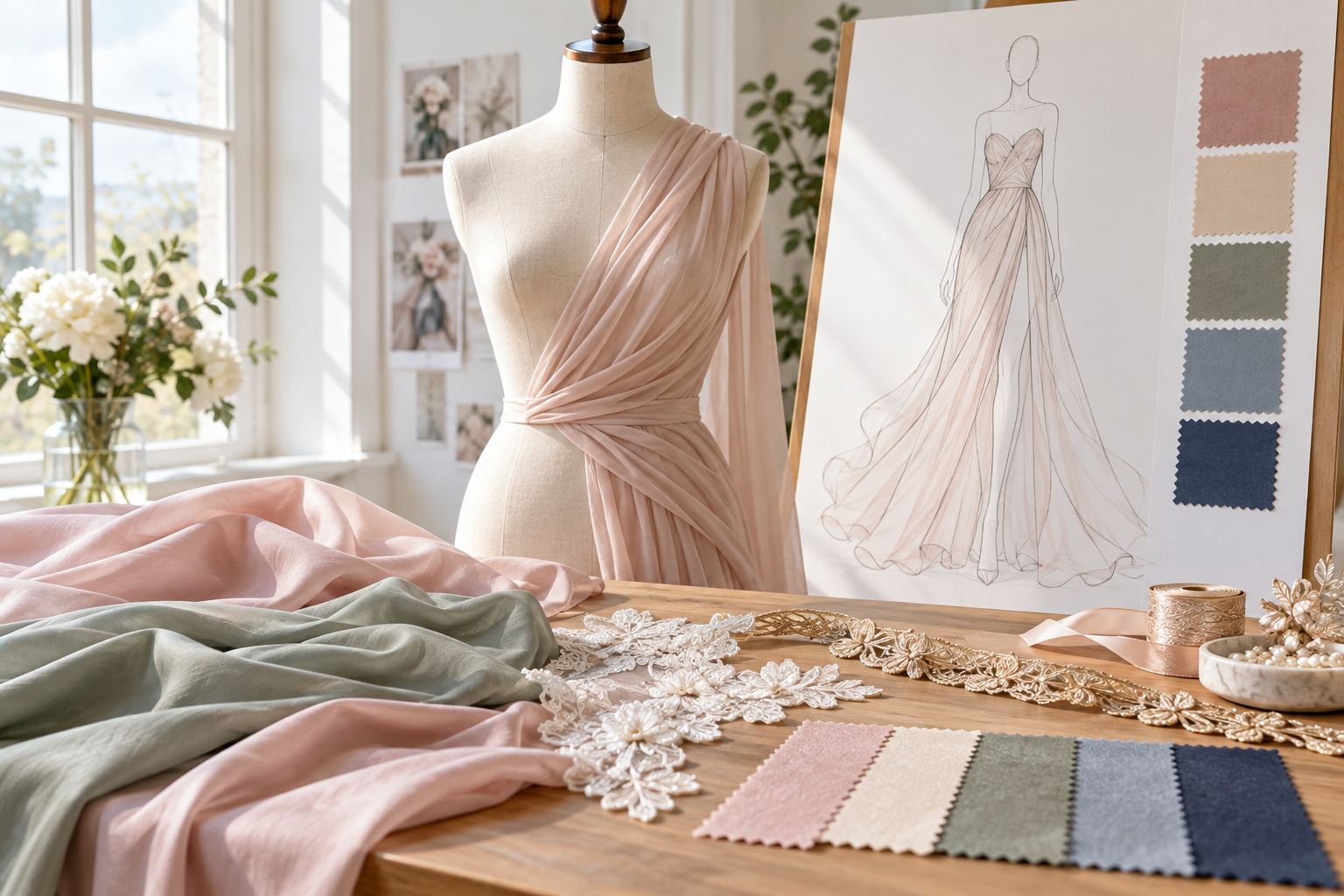 Garment idea represented through silhouette fabric and trim references