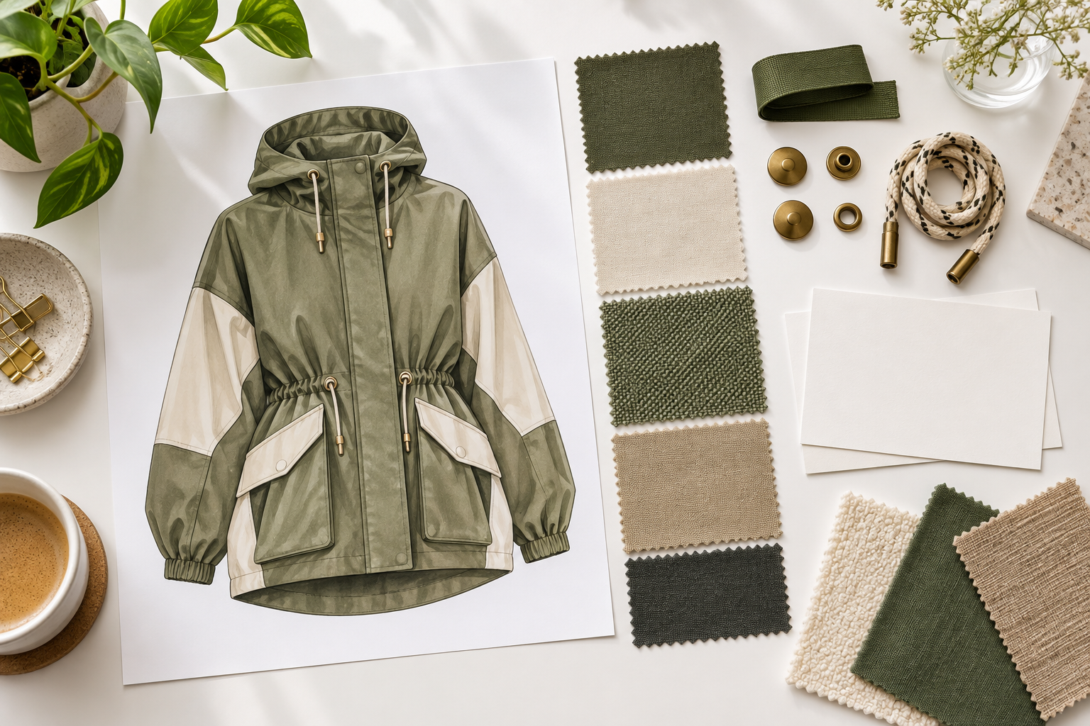 Selected apparel concept assembled with material swatches for a visual brief