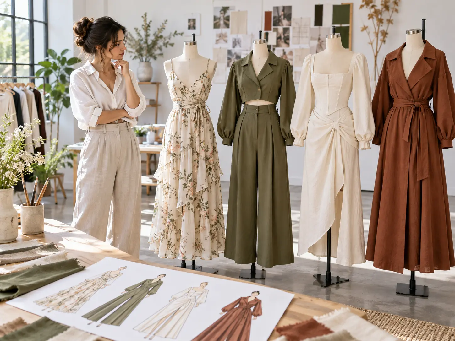 Independent fashion founder reviewing a cohesive apparel concept range