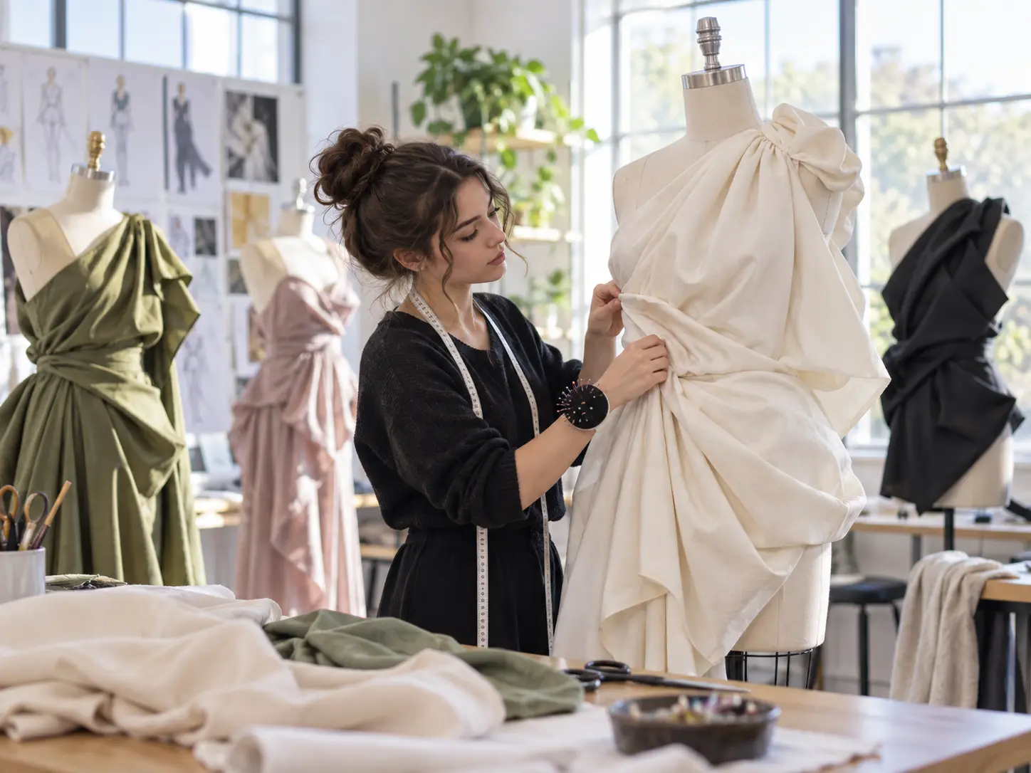 Fashion student studying garment silhouette and material concepts