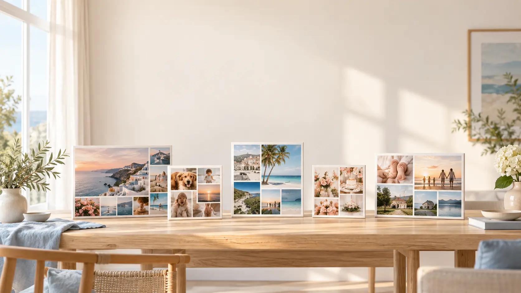 A bright room with several finished photo collage prints resting on a long table