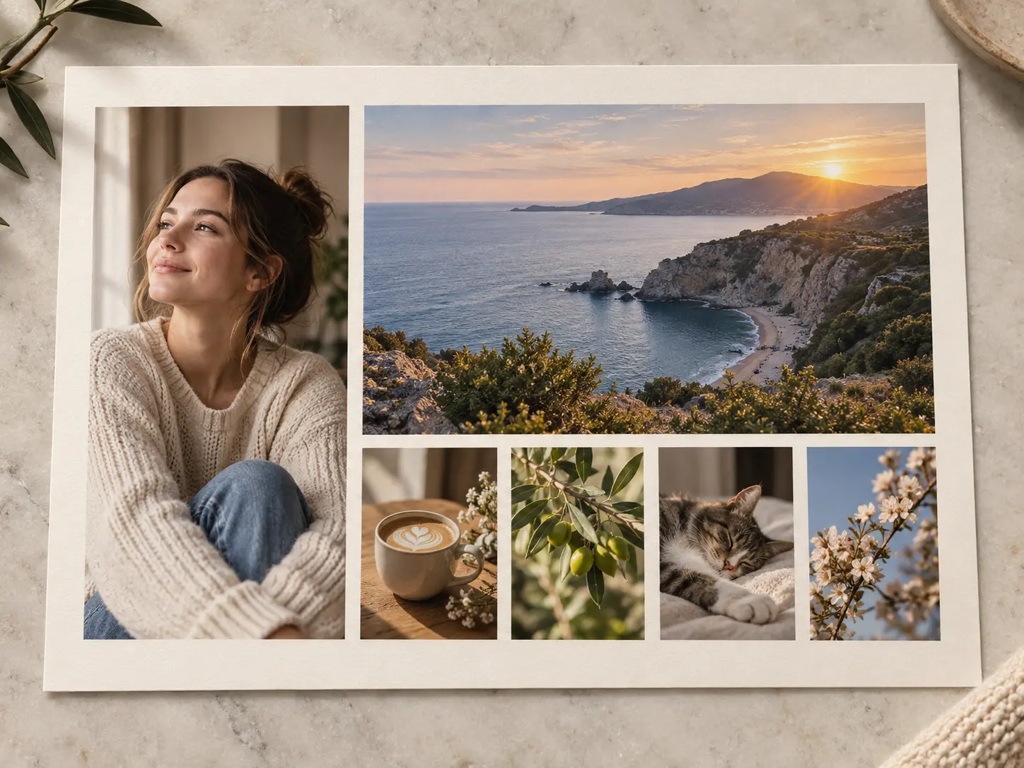 One balanced photo collage print with varied picture shapes and calm spacing