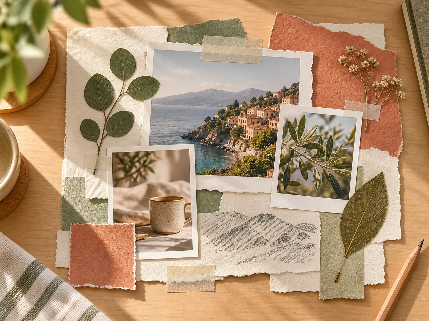 A paper-inspired photo collage with layered prints, tape, and soft shadows
