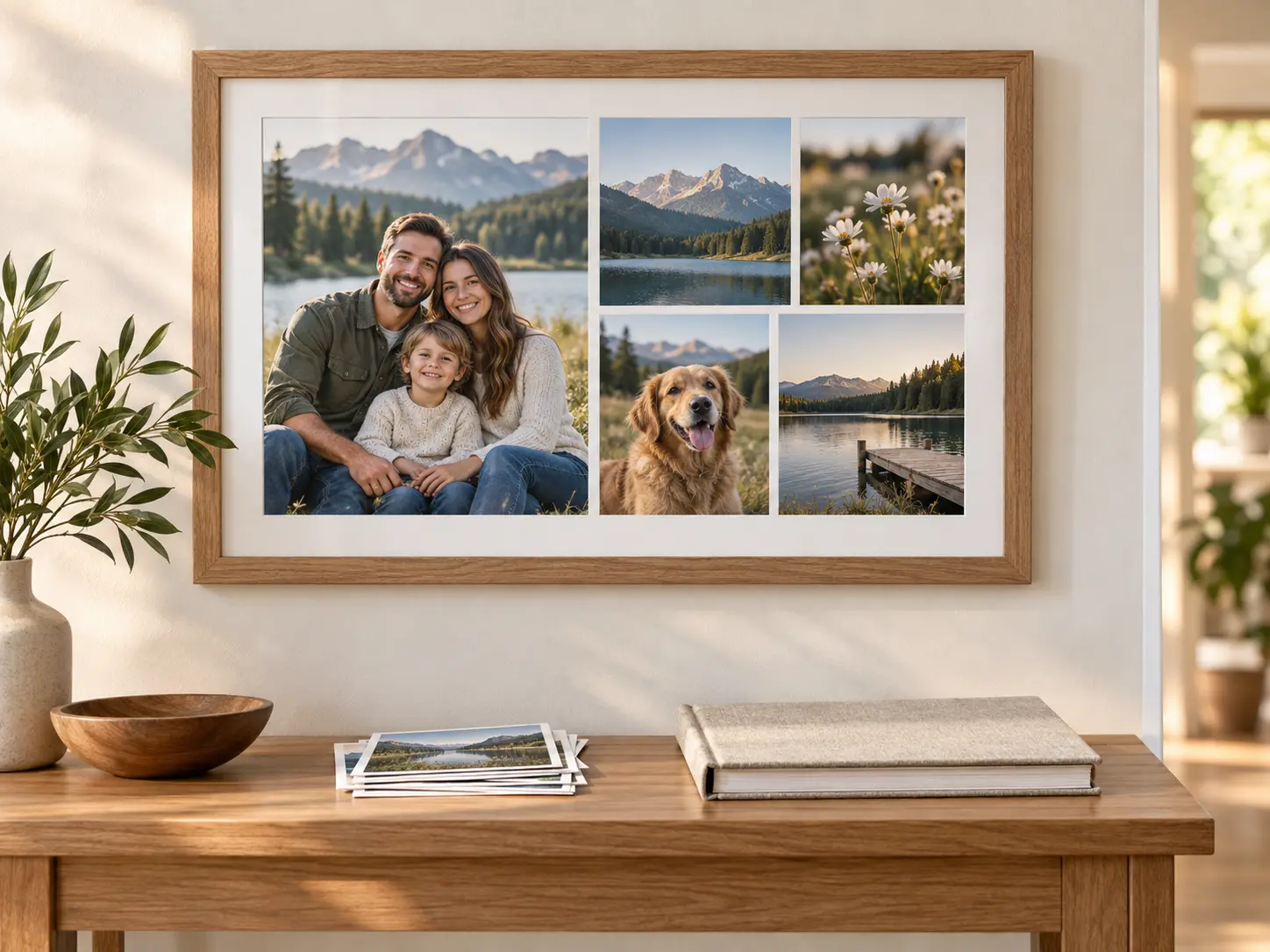 A framed photo collage hanging in a bright room beside a small stack of prints