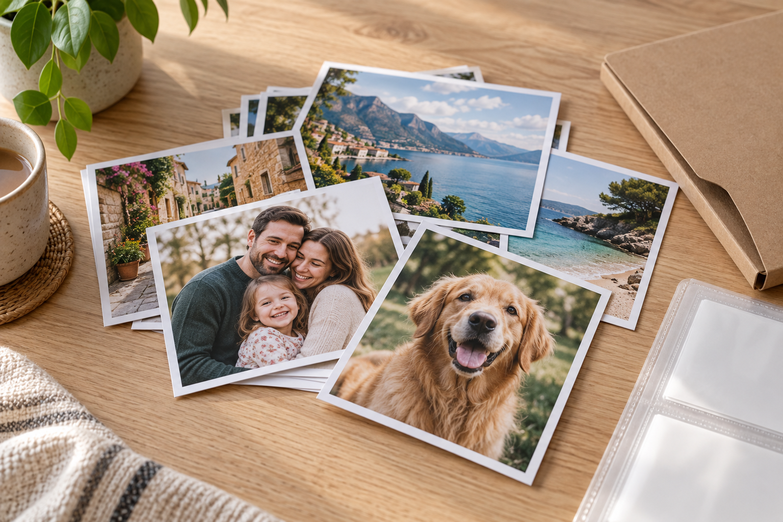 A loose stack of family, travel, and pet photo prints on a pale table