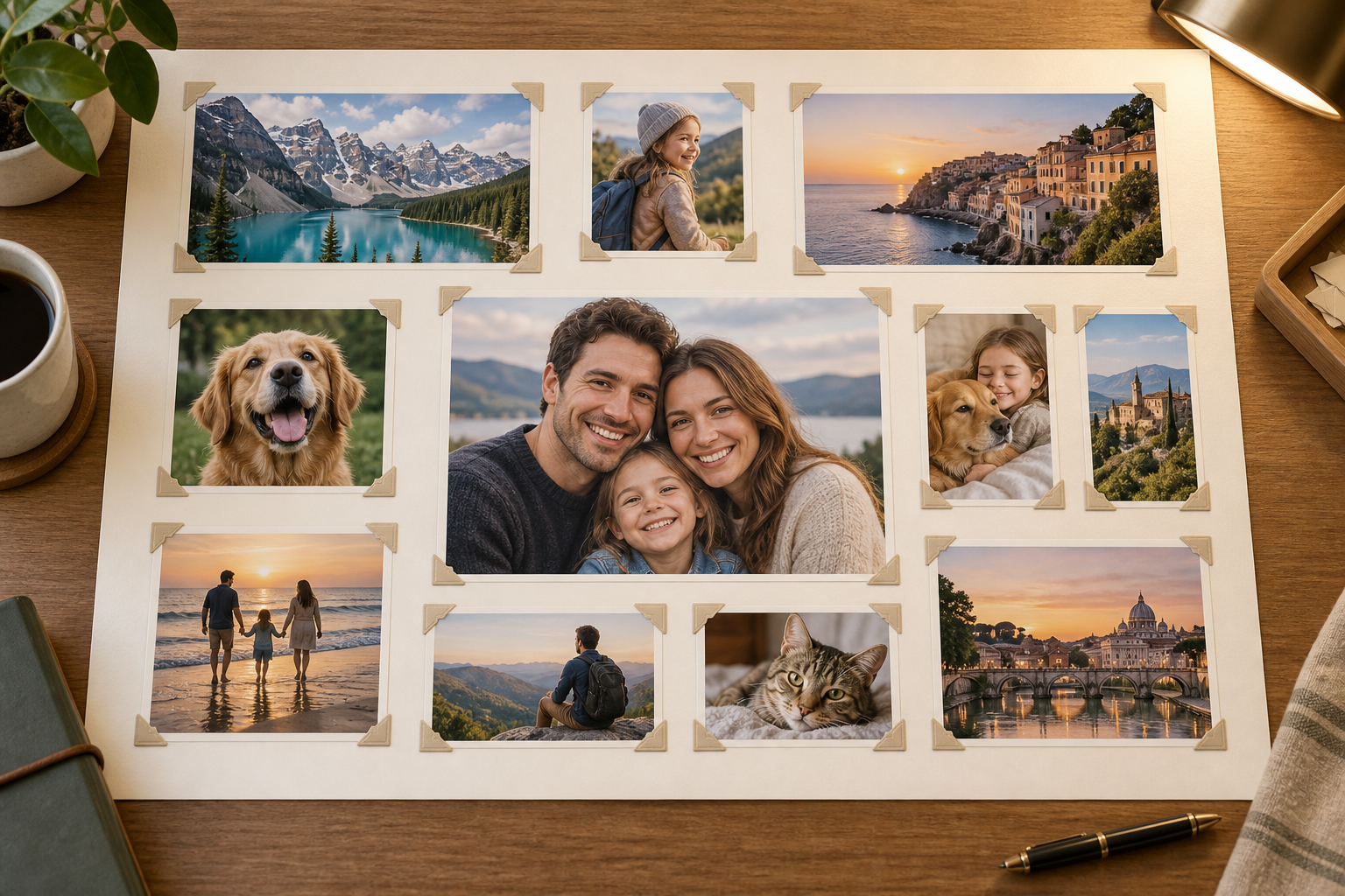 Photo prints arranged in a careful grid on paper with soft tape markers