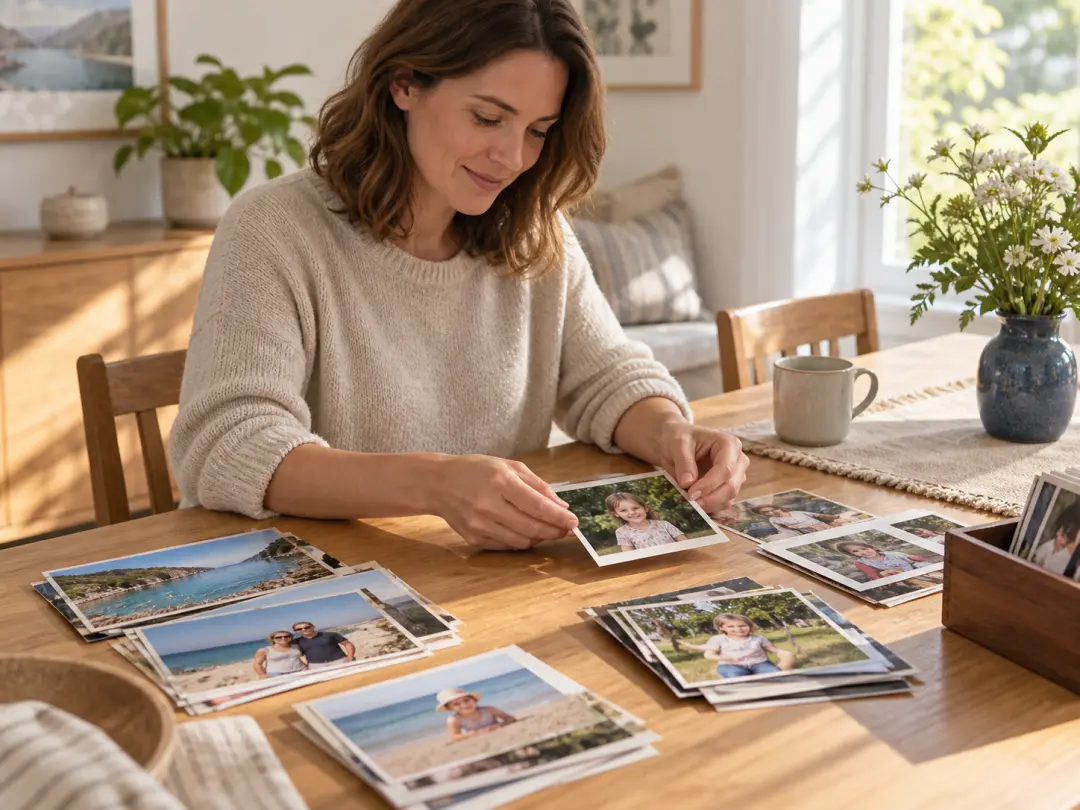 A parent sorting family photo prints at a sunlit dining table