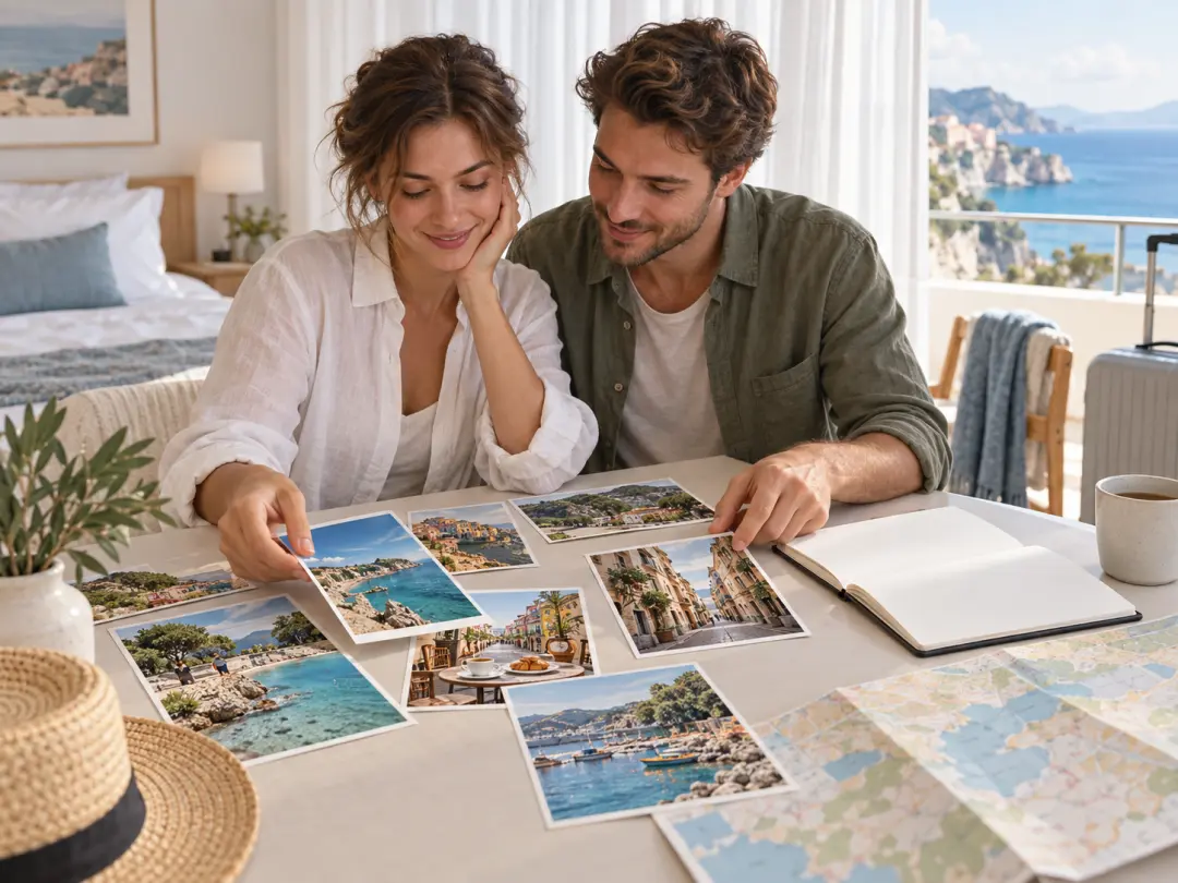 Travelers arranging coastal and city photo prints on a hotel room table