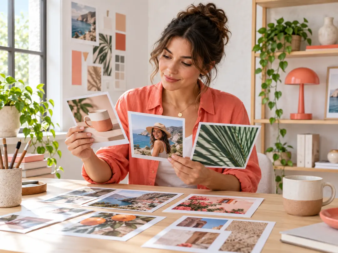 A content creator reviewing colorful photo prints in a bright home studio