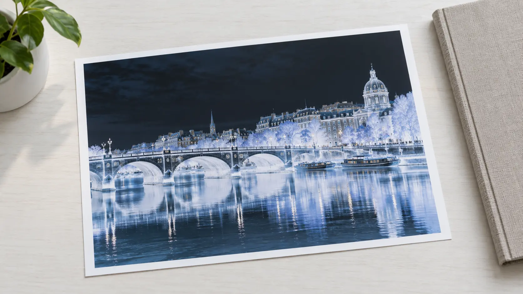 A single inverted city photograph resting complete on a clean desk