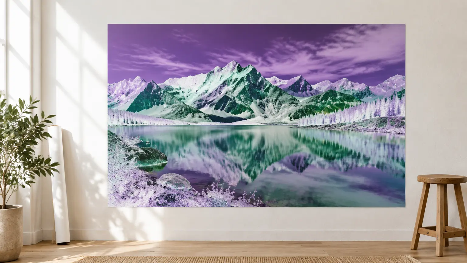 An inverted landscape printed as a bold poster in a bright creative studio