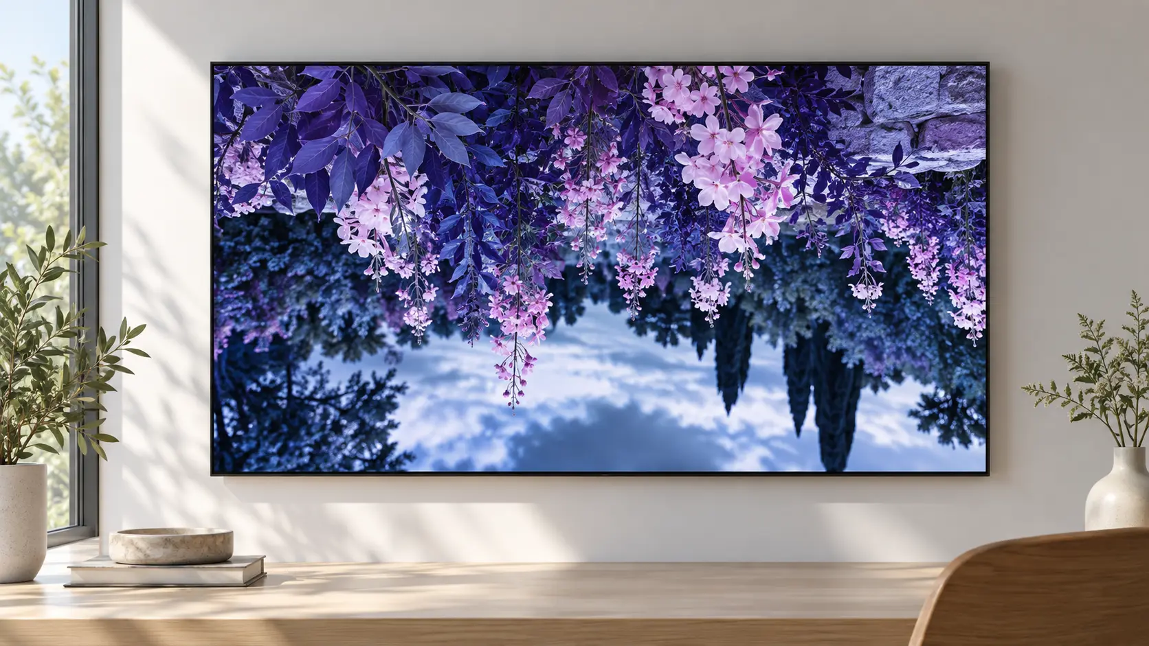 A digital display showing an inverted garden photograph as a graphic wallpaper