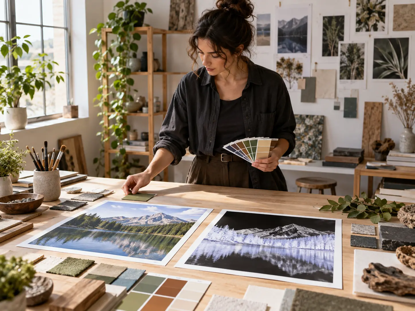A graphic designer comparing color swatches beside inverted photographic prints