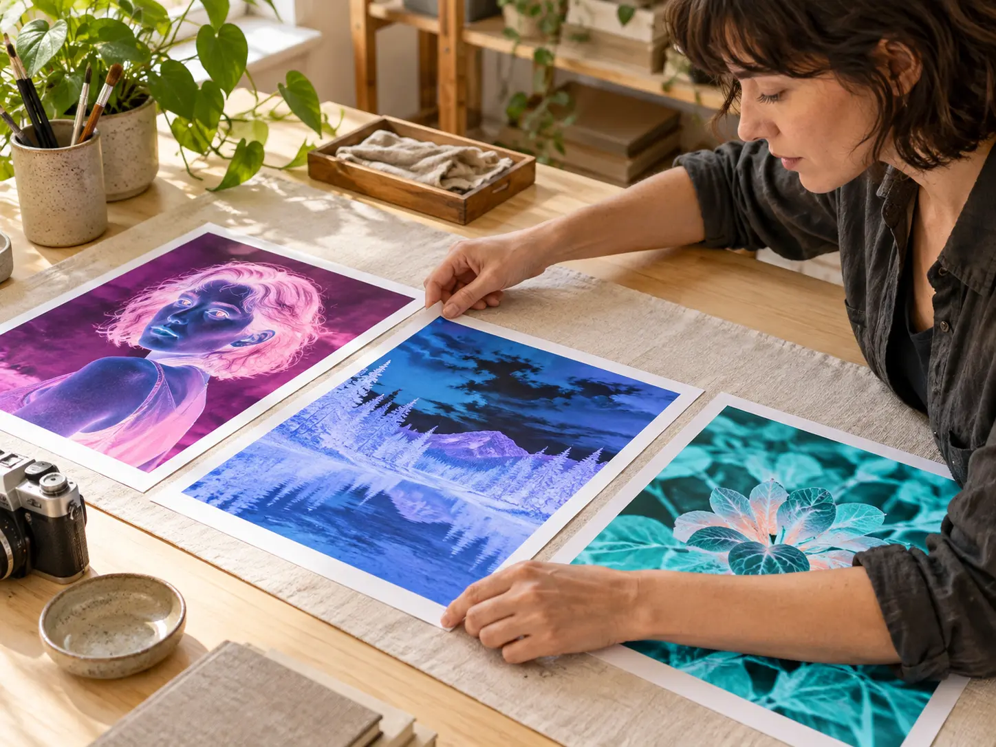 A photo editor reviewing negative prints on a bright studio worktable