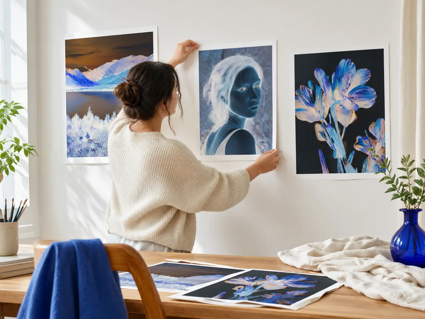A content creator arranging vivid inverted prints against a bright studio wall
