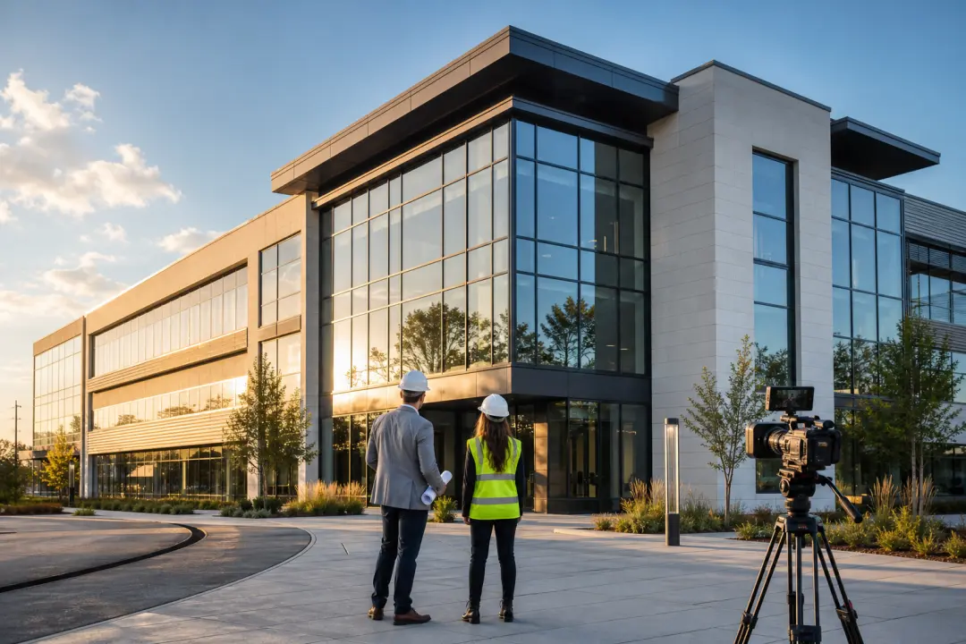 Project team preparing a completed building for a polished construction showcase