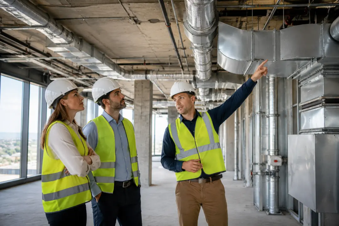 Construction specialist explaining a building service to project stakeholders