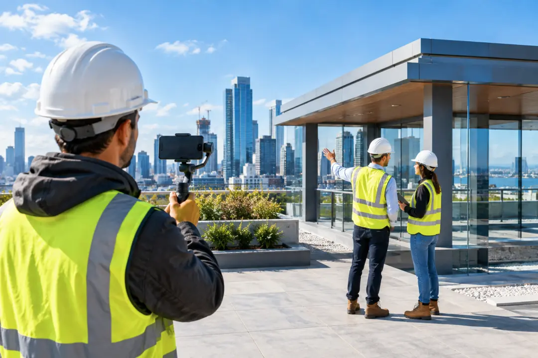 Creator filming a completed construction milestone for a short social campaign clip