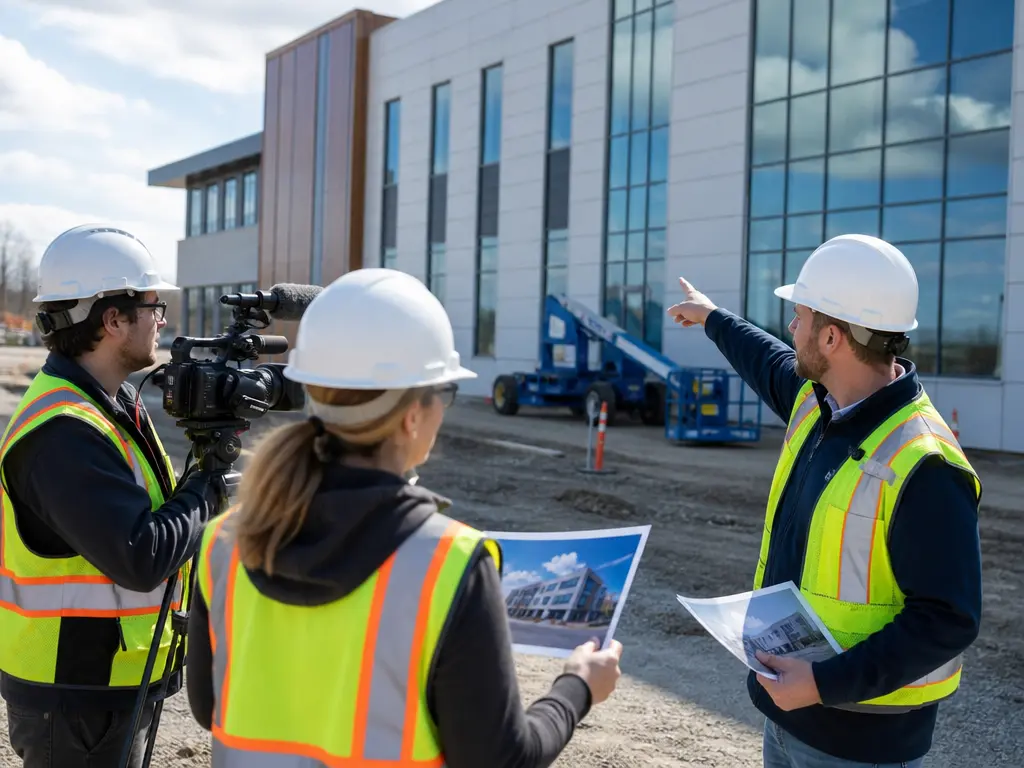 Marketing lead reviewing project photos, audience notes, and video draft
