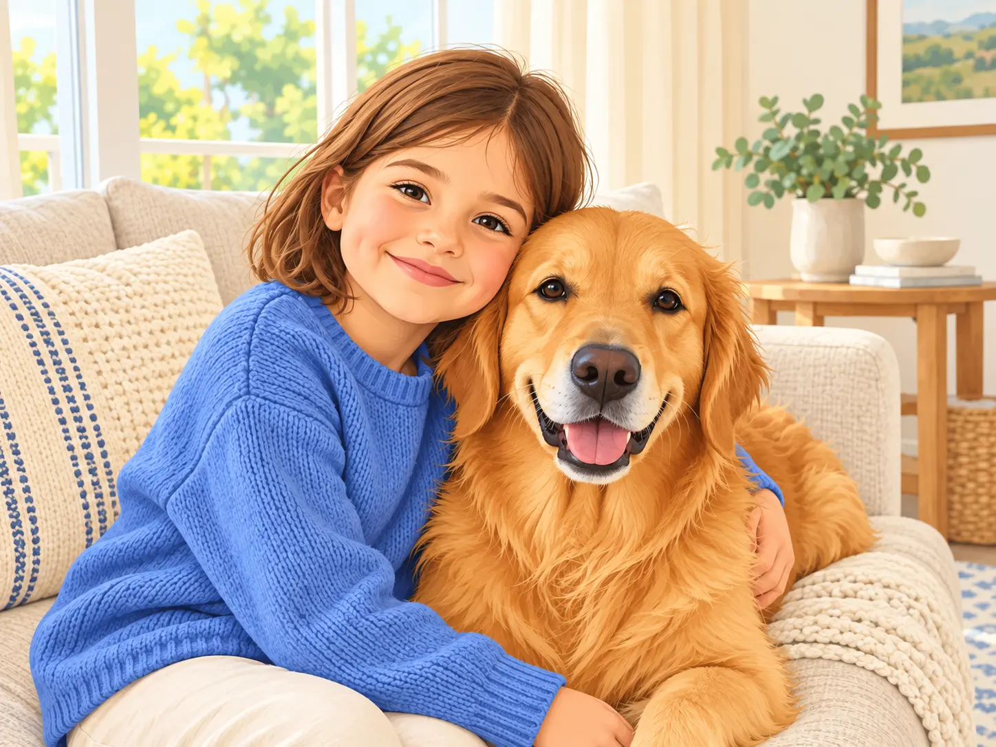 The same child and golden dog drawn as a warm cartoon portrait with clean shapes