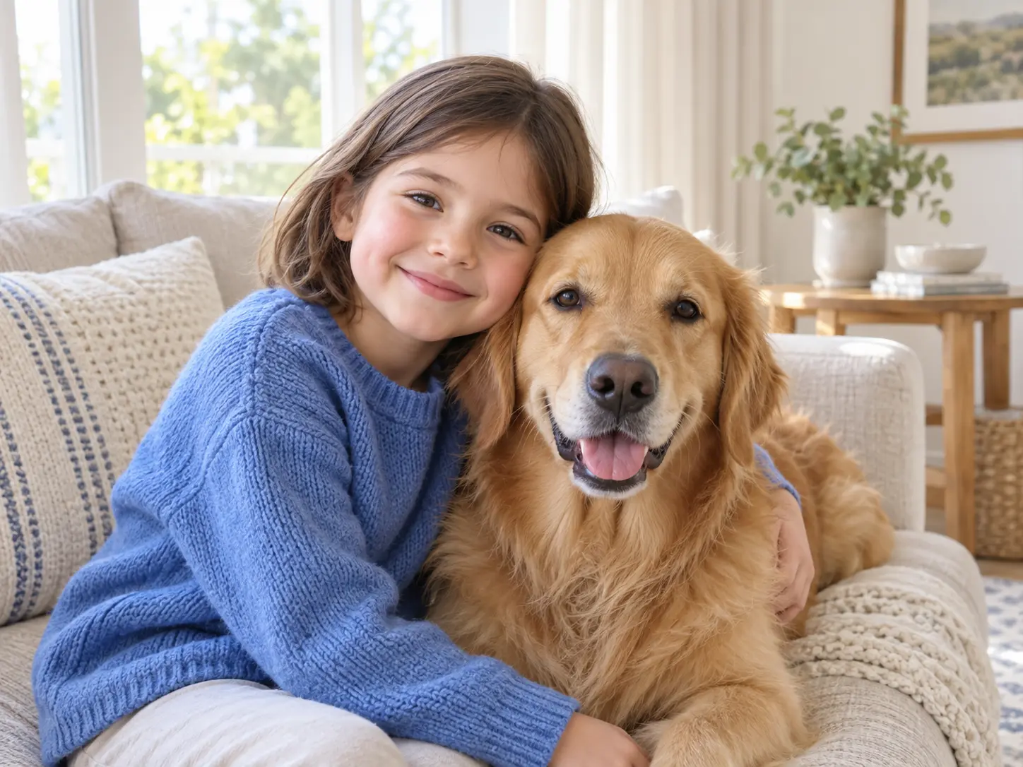 Color photograph of a child and a golden dog sitting together on a living room sofa
