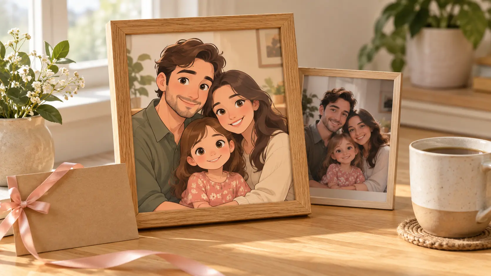 Framed cartoon family portrait displayed beside the original photograph on a wooden desk