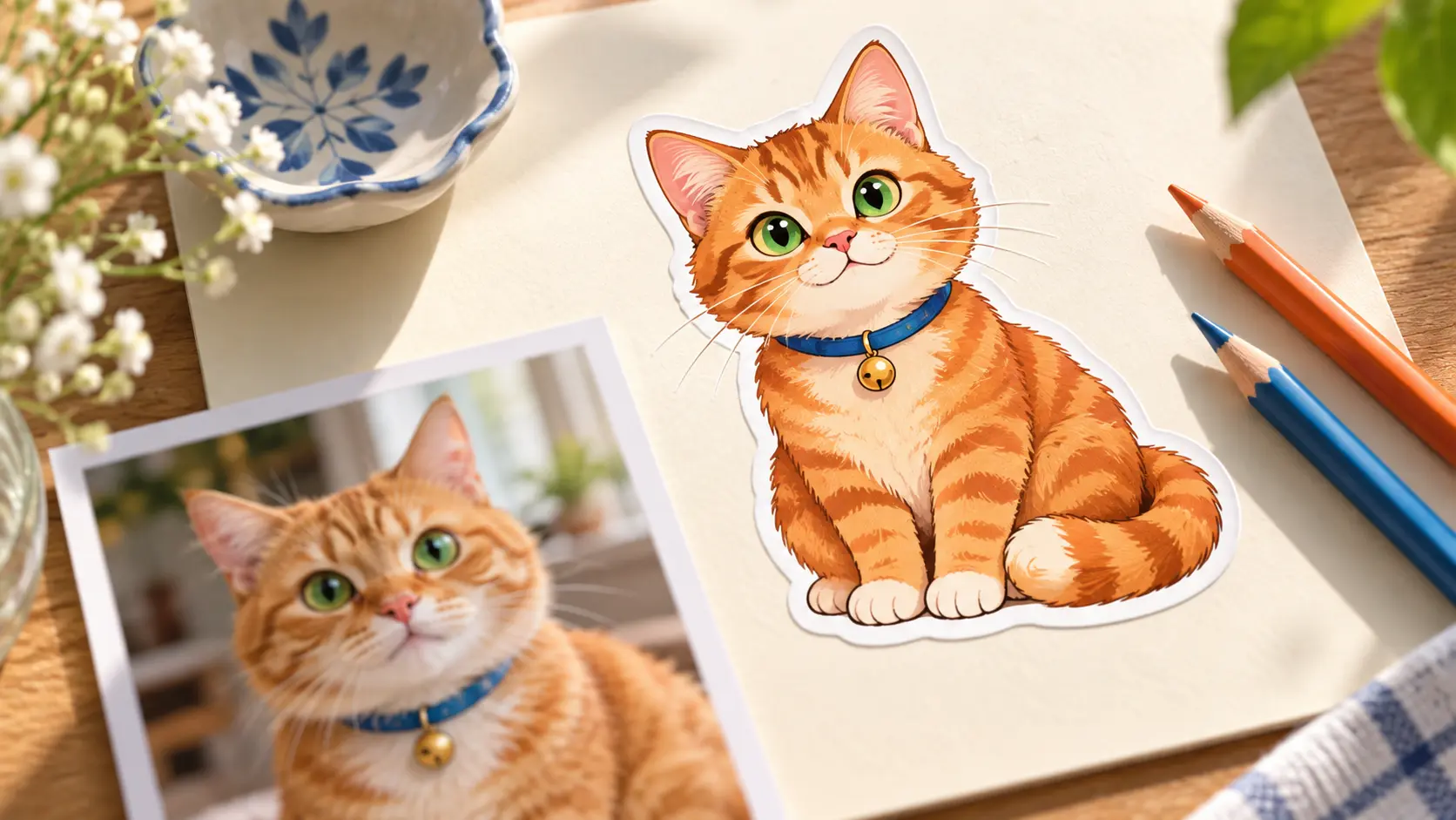 Cartoon portrait of a ginger cat shown as a clean sticker sheet beside a color pet photograph