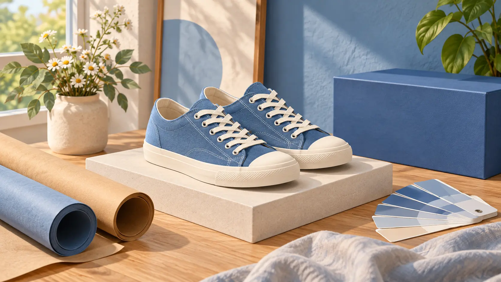A row of blue sneakers illustrated in matching cartoon styles for a small brand campaign