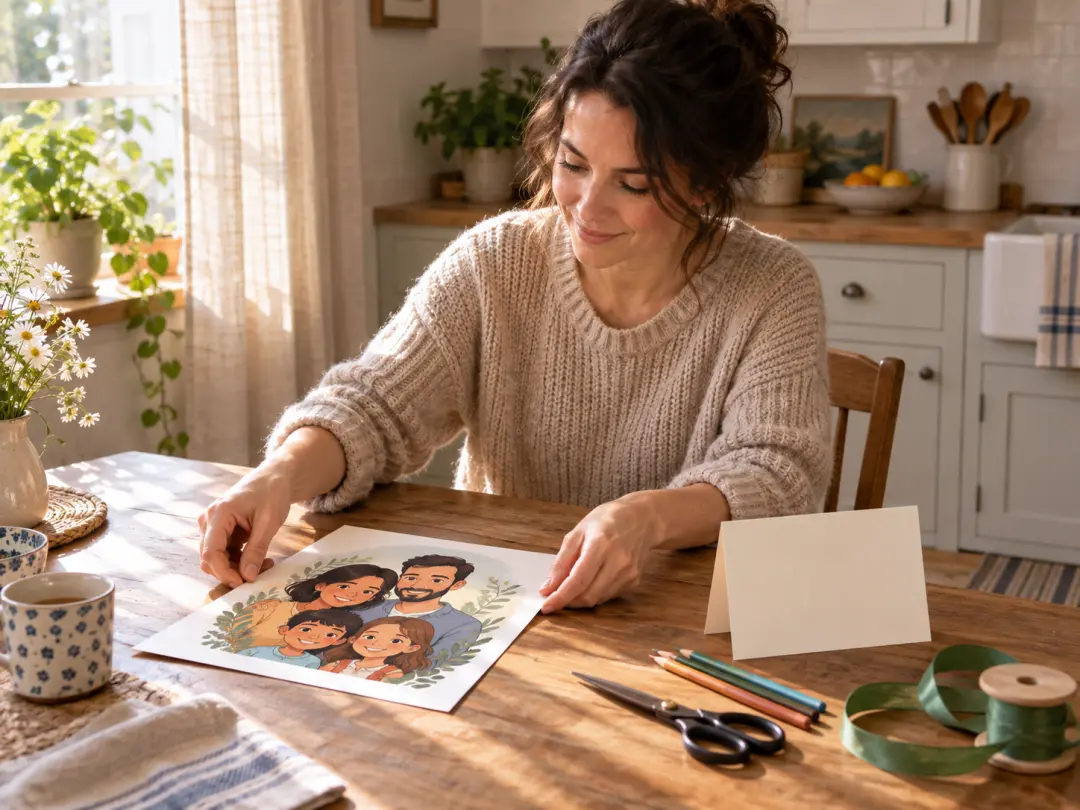Parent arranging a printed cartoon family portrait and art supplies on a kitchen table