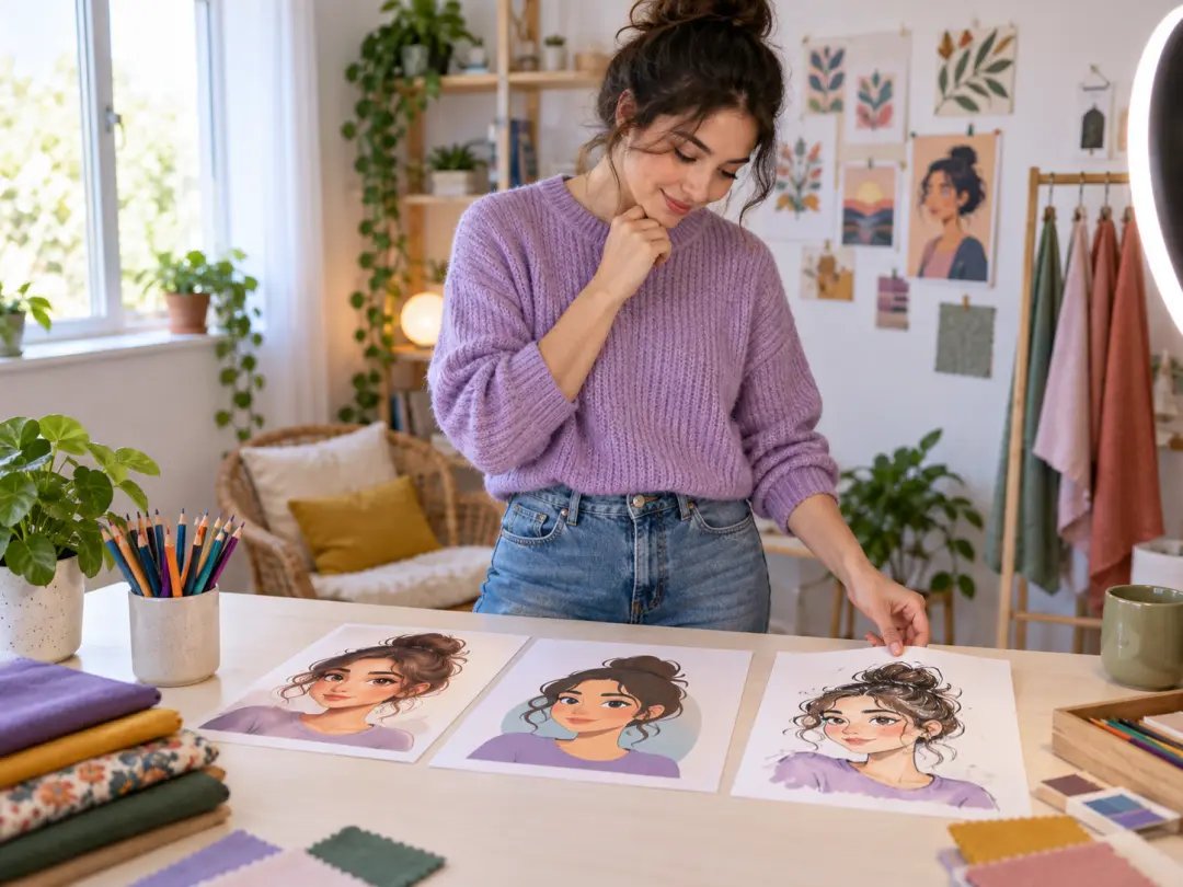Social creator comparing printed cartoon portrait styles in a bright home studio