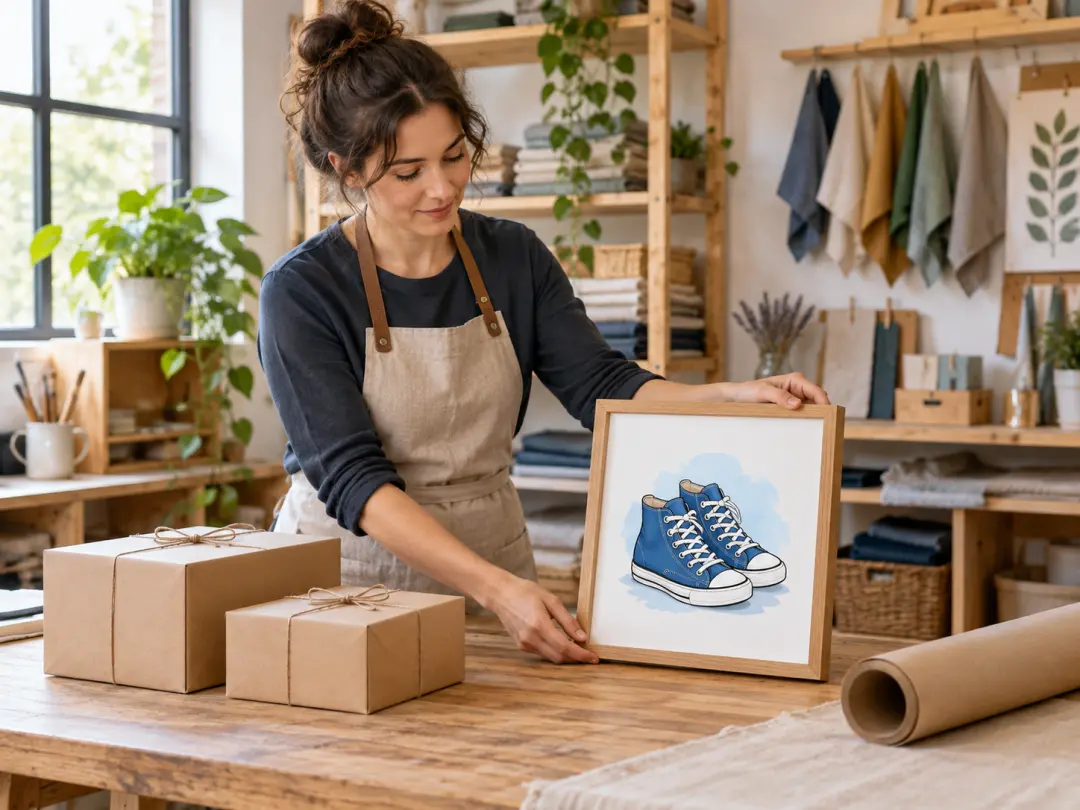 Small business owner placing illustrated sneaker artwork beside packaged products on a workbench