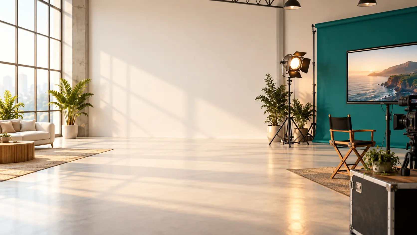 Bright production scene with a finished custom video moment and calm overlay space