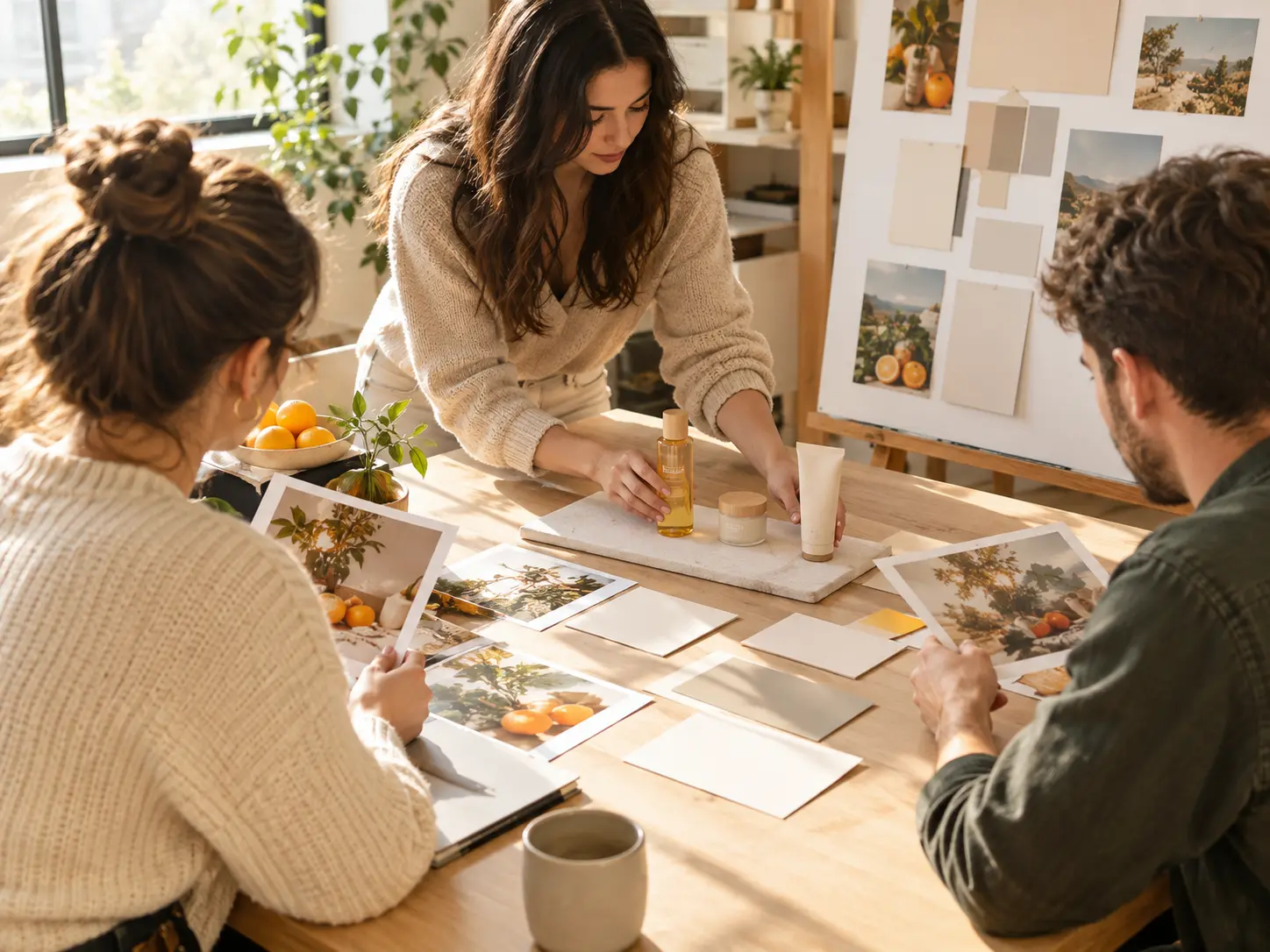 Marketing team arranging product references and scene directions for a campaign video