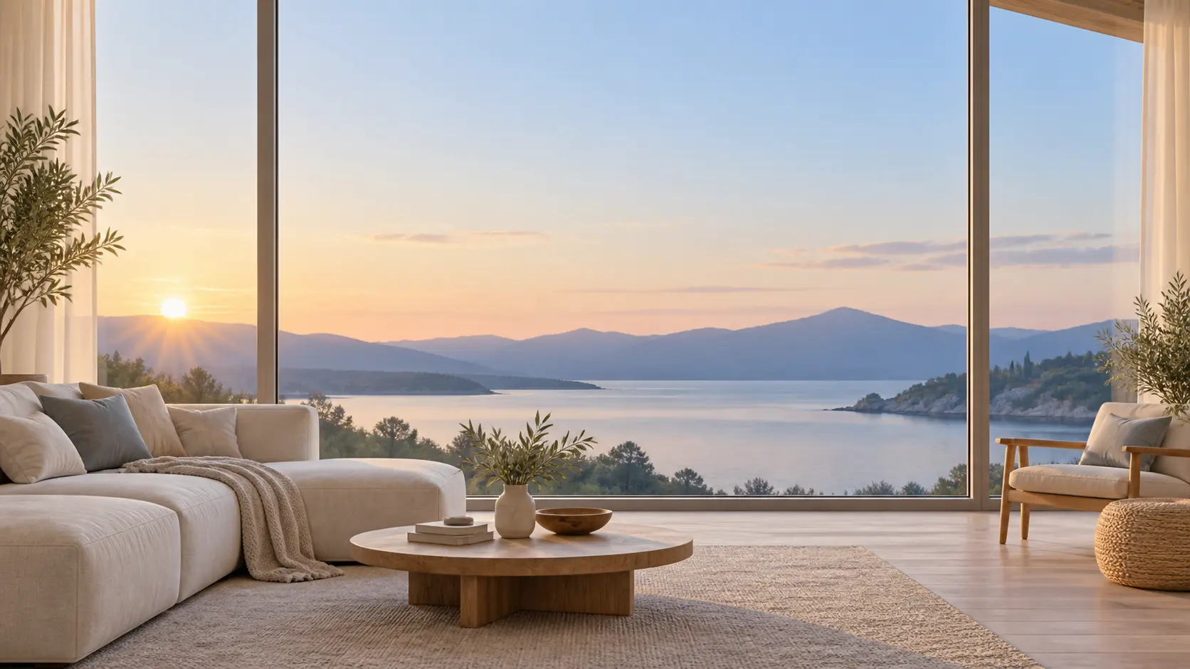 A softly lit room at dawn with balanced shadows and a clear view through the window
