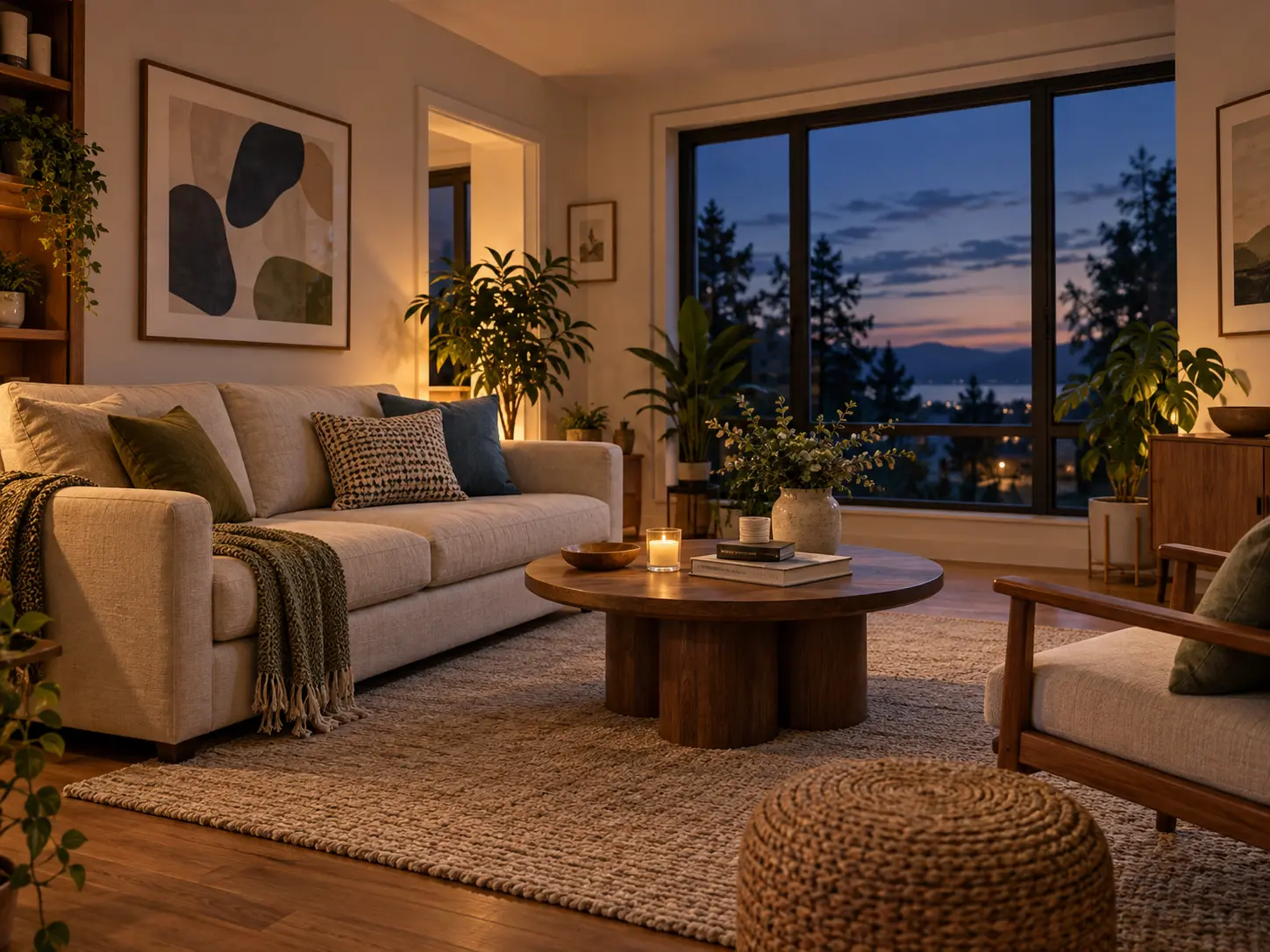A dim evening room with furniture and plants now visible in balanced window light