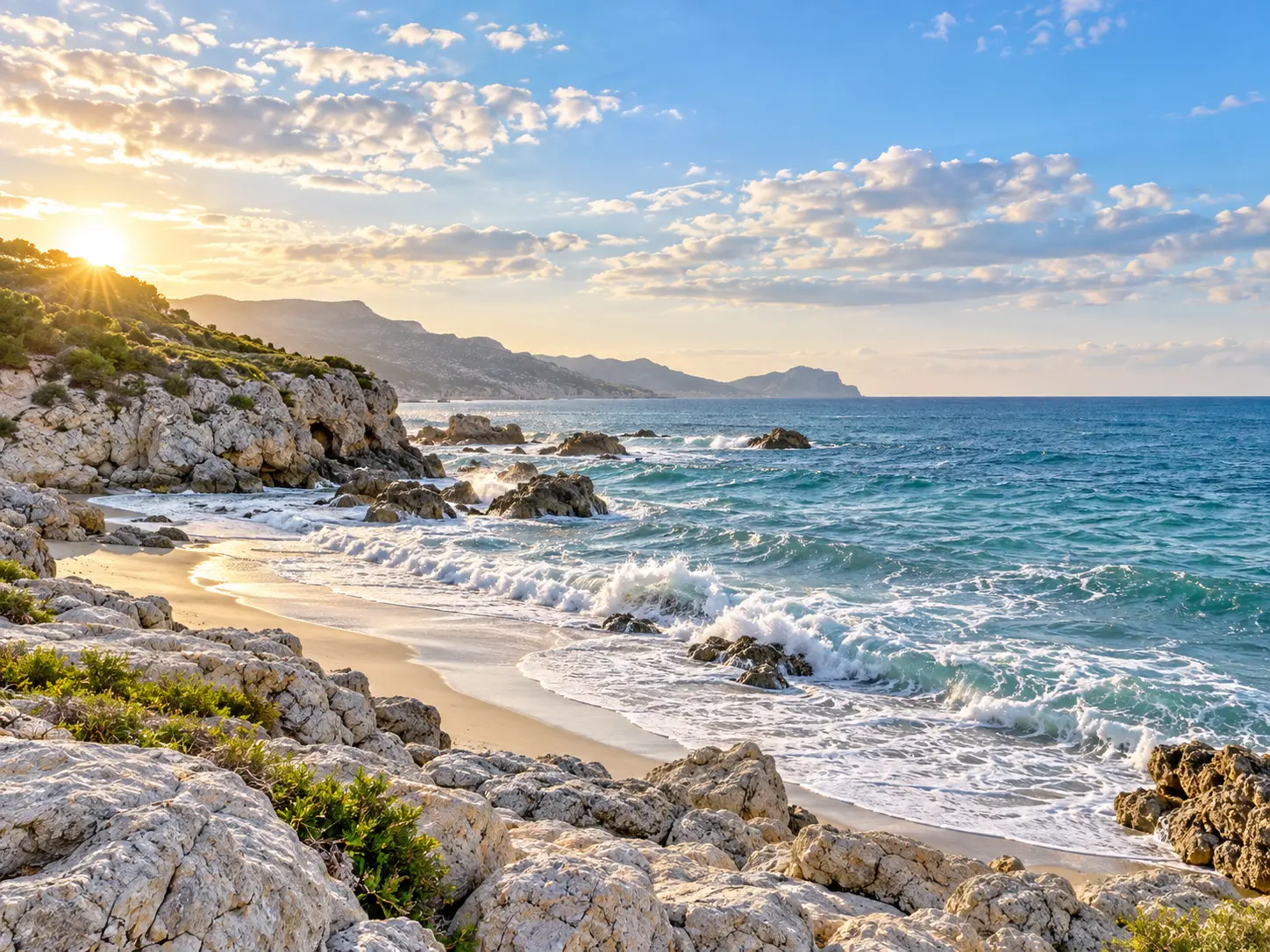 A bright coastal scene with controlled highlights, visible clouds, and readable rocks