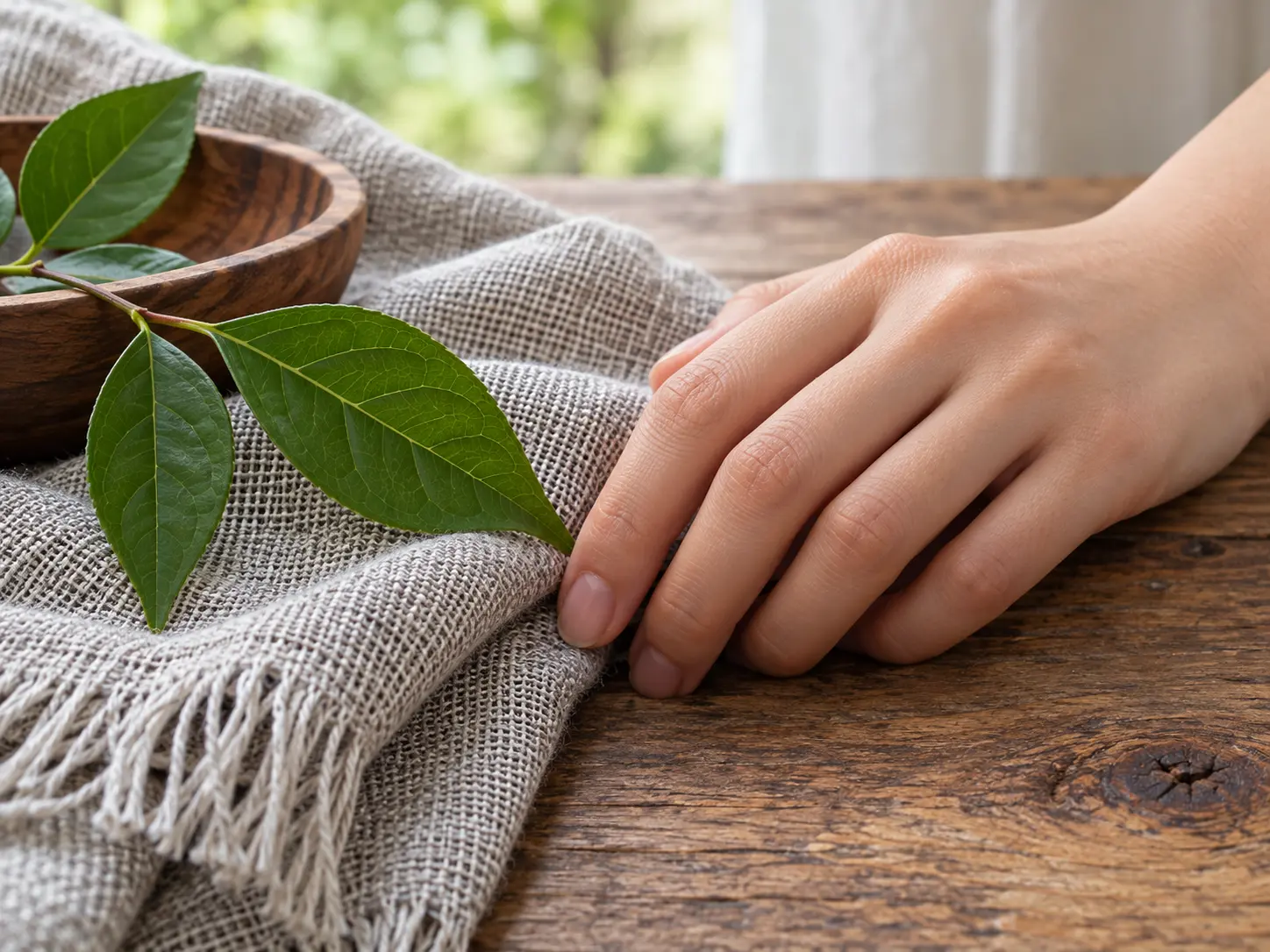 A close photo of fabric, leaves, and skin with soft light and preserved texture