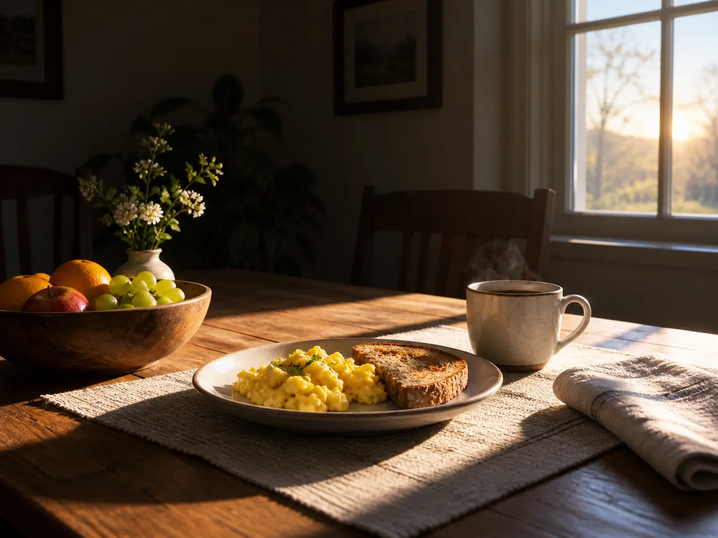 A breakfast table at dawn with deep shadows and bright window light waiting to be balanced