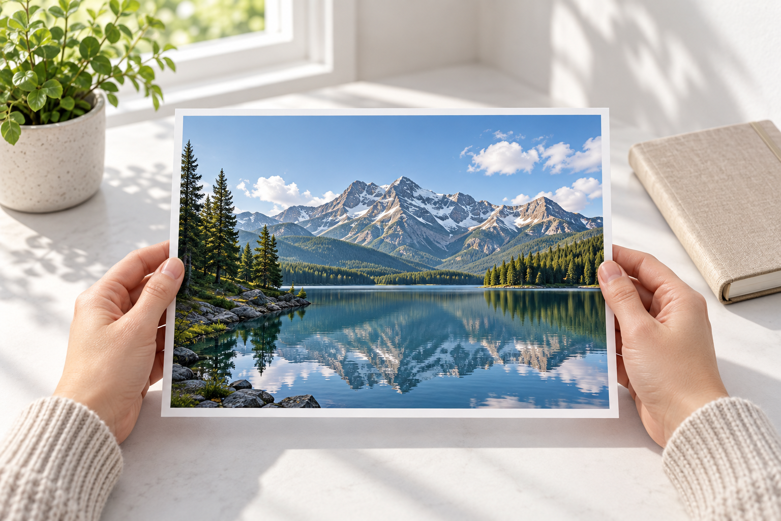 A balanced landscape print held in a bright room beside a closed notebook