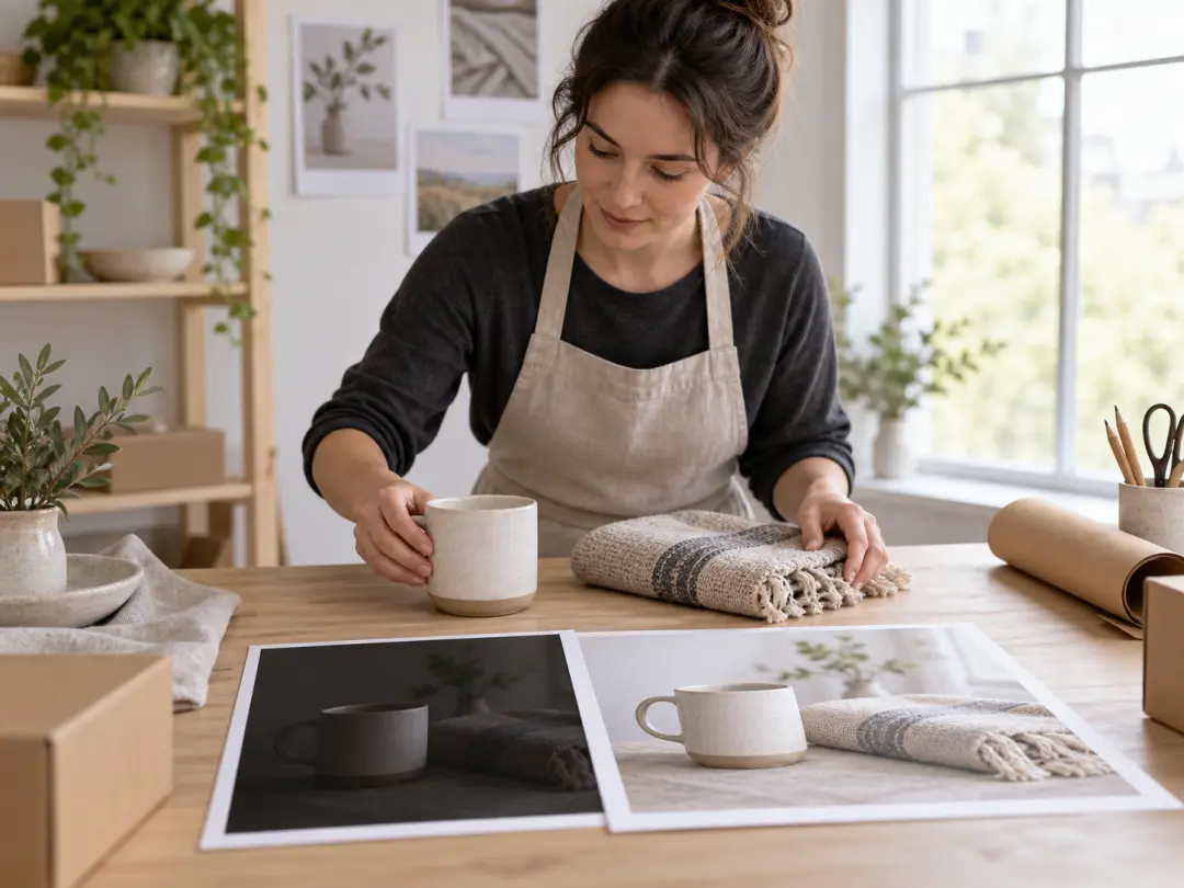 A seller arranging product photos beside a bright studio window