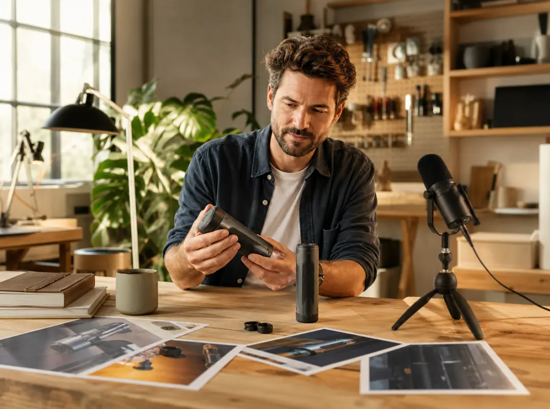 Founder reviewing product images and narration for an initial video version