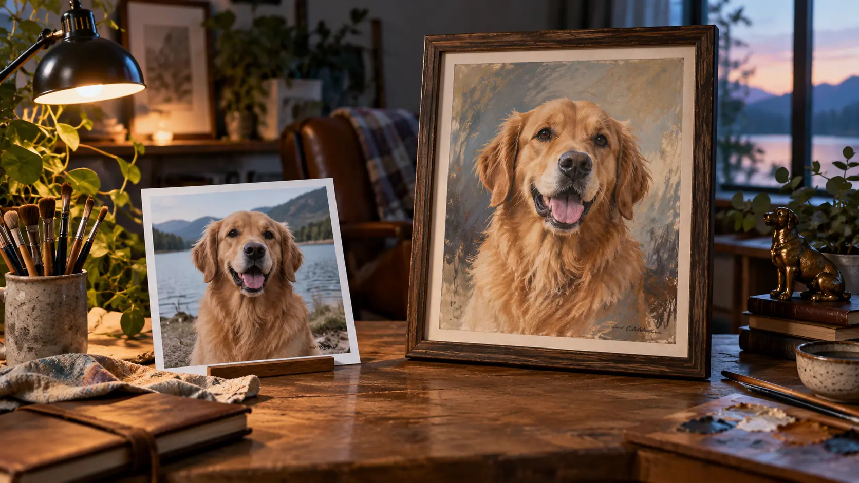 A dog portrait workspace with a reference photo and a finished AI dog generator image
