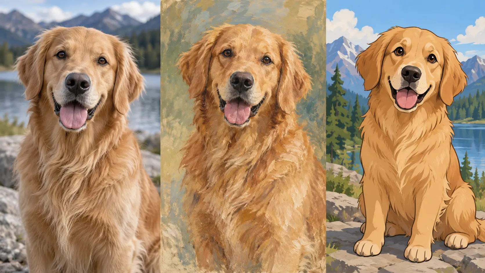 AI dog generator showing a realistic dog photo beside a painted and an illustrated version