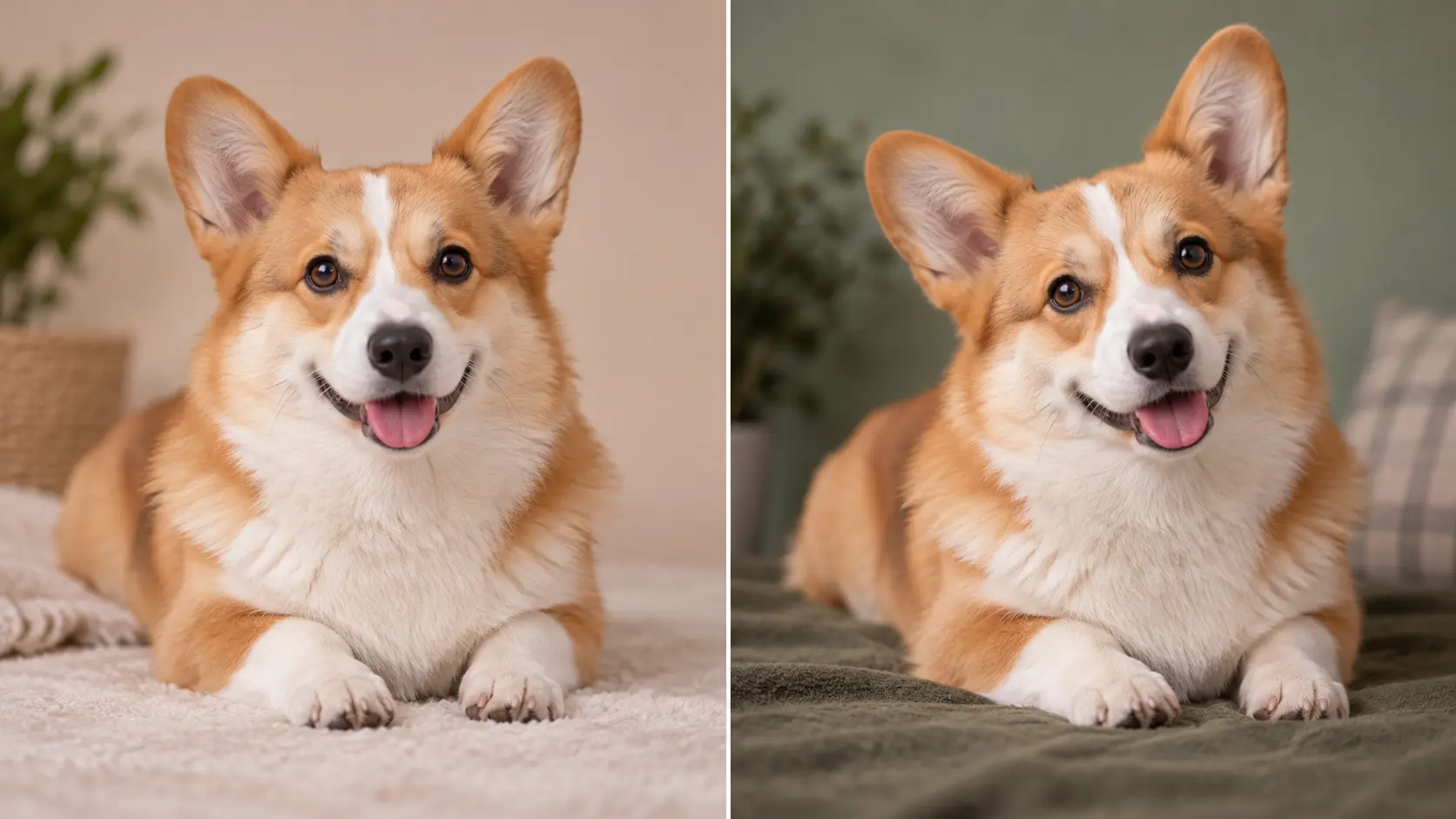 AI dog generator refining one dog portrait through small prompt changes to pose and lighting